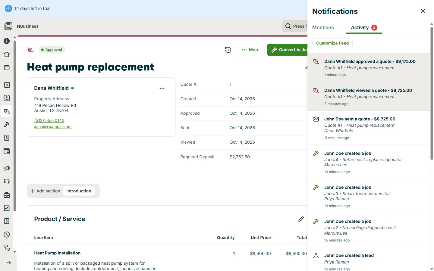 Jobber activity feed showing the customer viewed and then approved the quote at $9,175