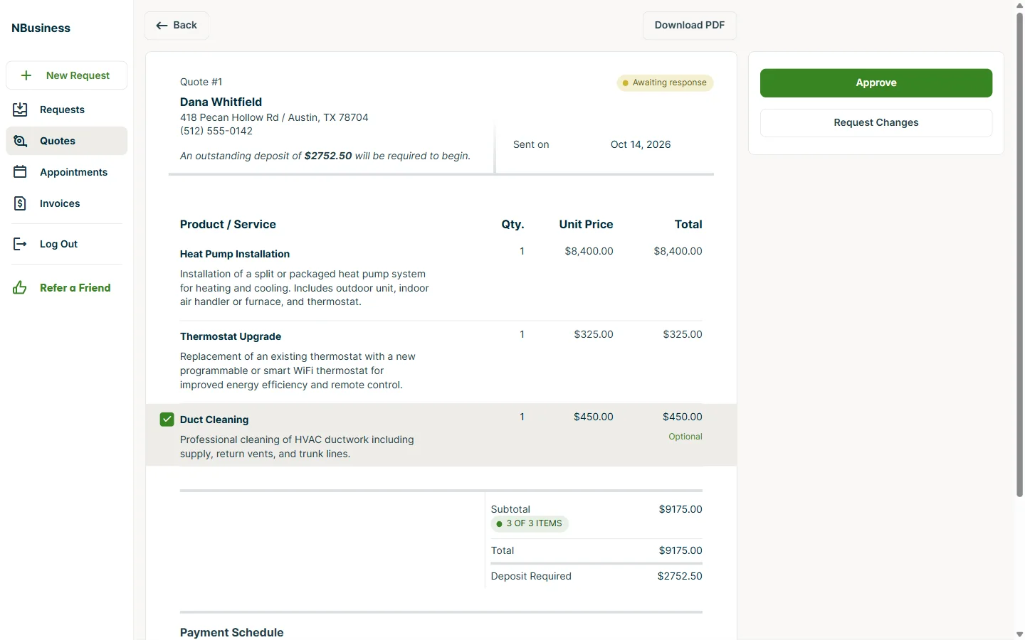 Jobber Client Hub quote with the optional duct cleaning ticked, raising the total to $9,175 and the deposit to $2,752.50