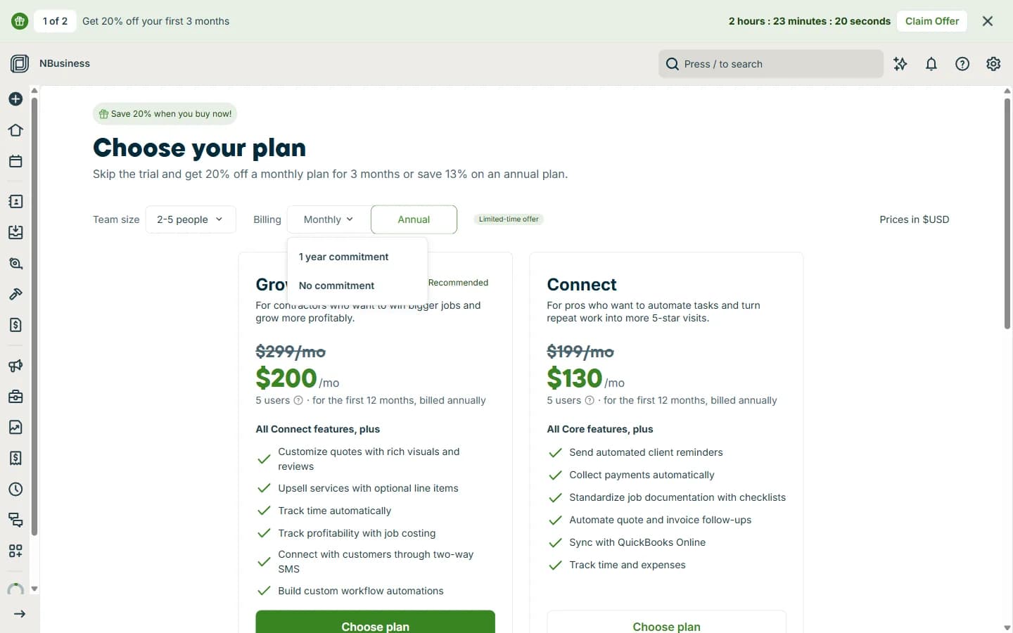 Jobber in-app plan picker for a 2 to 5 person team showing Grow at $299 and Connect at $199 a month, with a launch discount