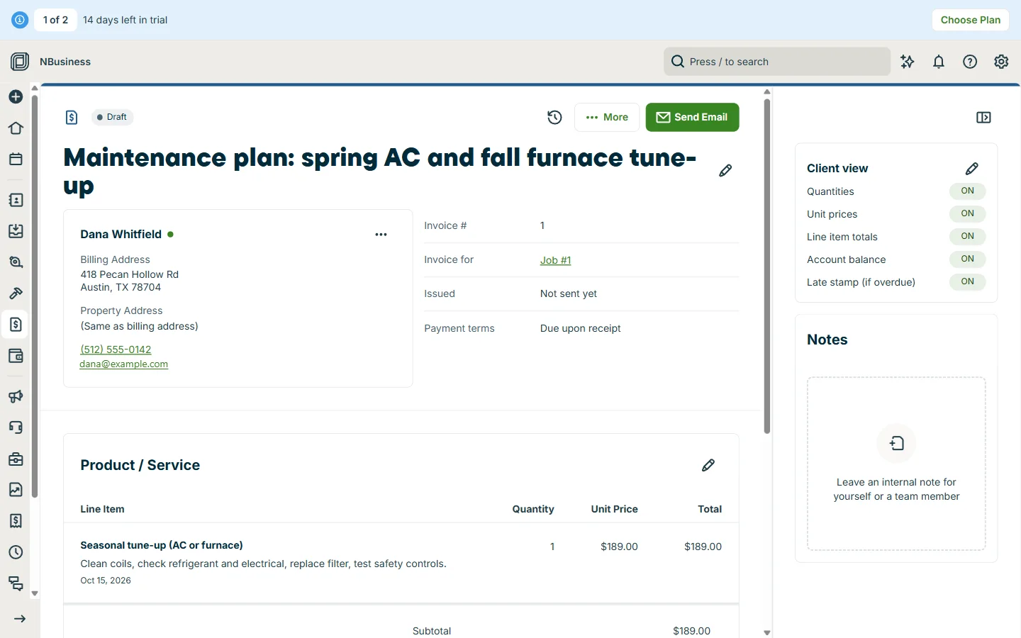 Jobber invoice created from a completed maintenance visit, $189 with the service date on the line item