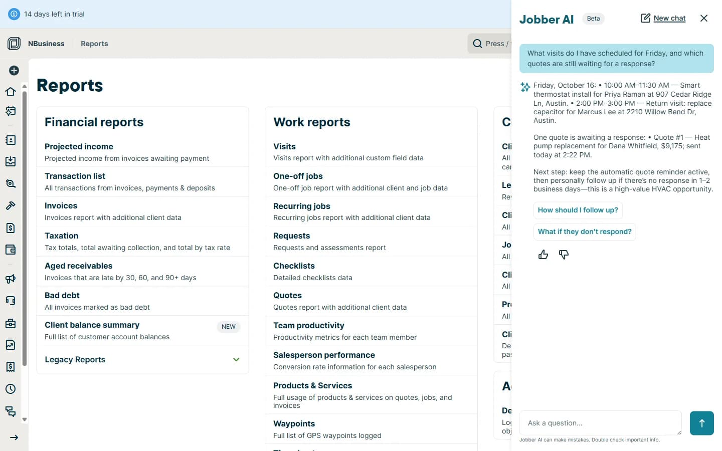 Jobber AI chat panel correctly listing Friday’s visits and the quote awaiting a response