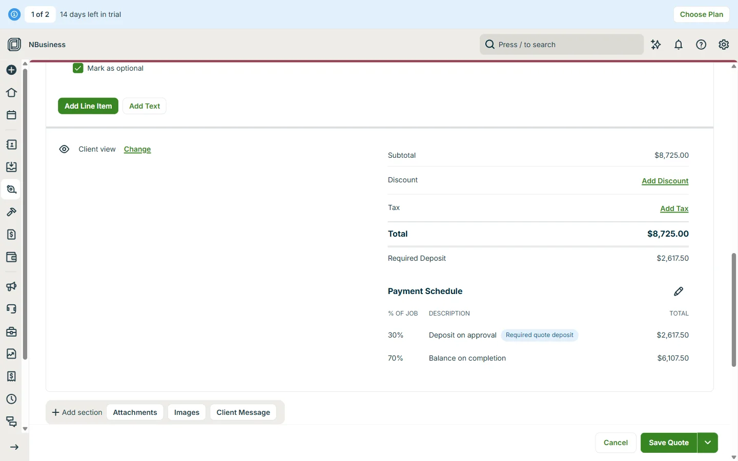 Jobber quote editor showing an $8,725 total, a required deposit of $2,617.50 and a 30/70 payment schedule