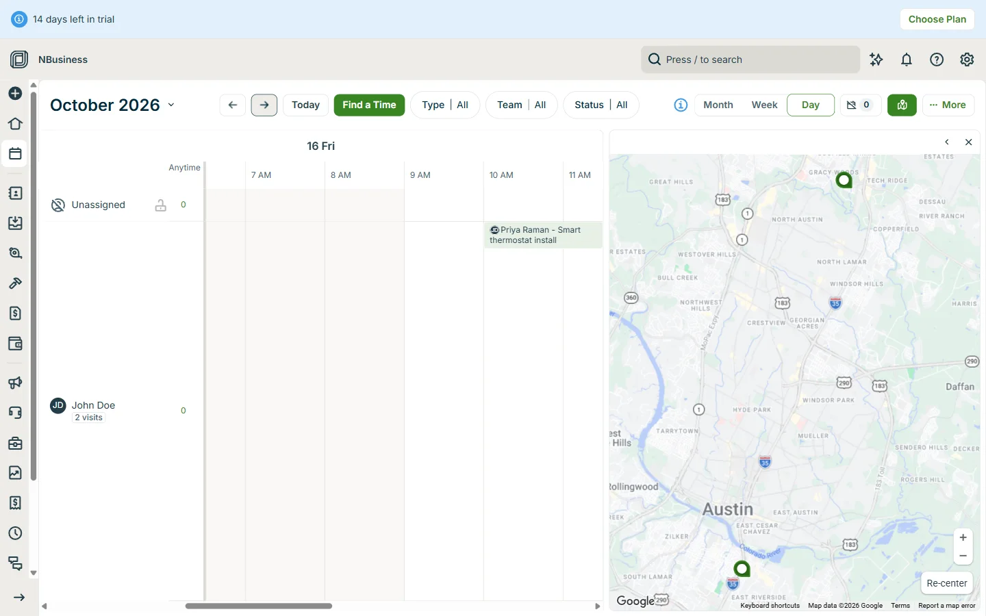 Jobber day view with a row per team member and a map of Austin showing the day’s visits