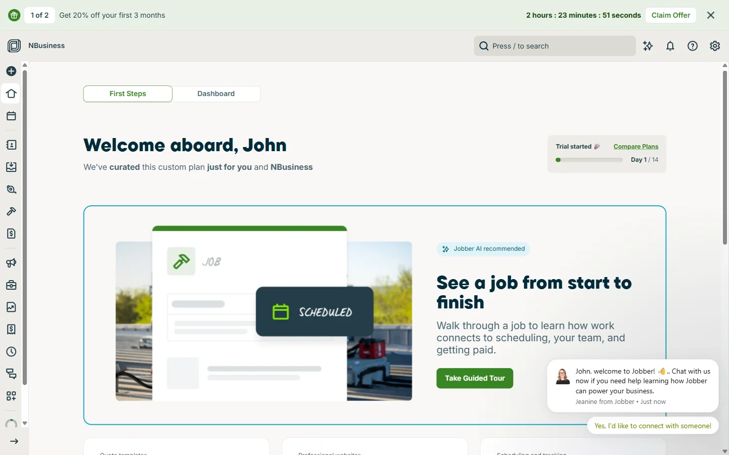 Jobber home screen on day one of the trial, with the First Steps checklist, a 20% off countdown banner and a sales chat bubble