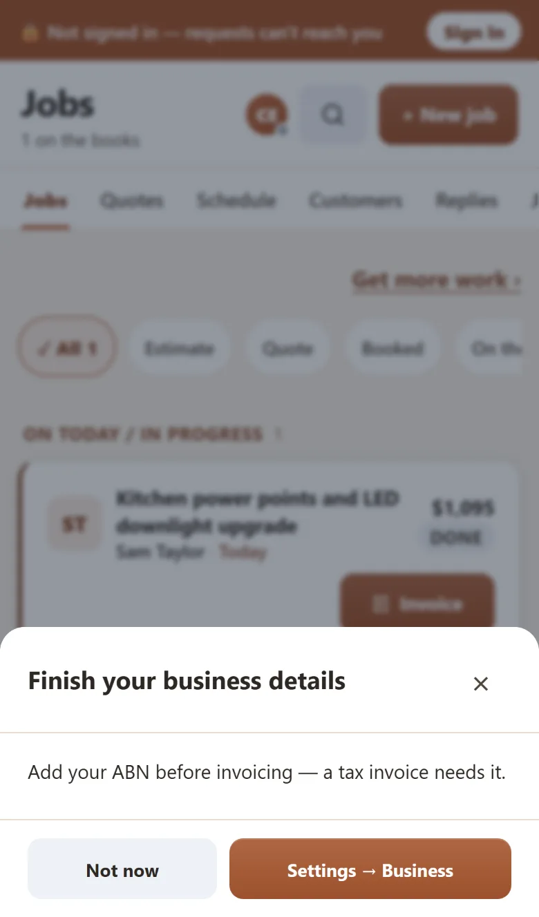 Yamate prompt: Add your ABN before invoicing — a tax invoice needs it