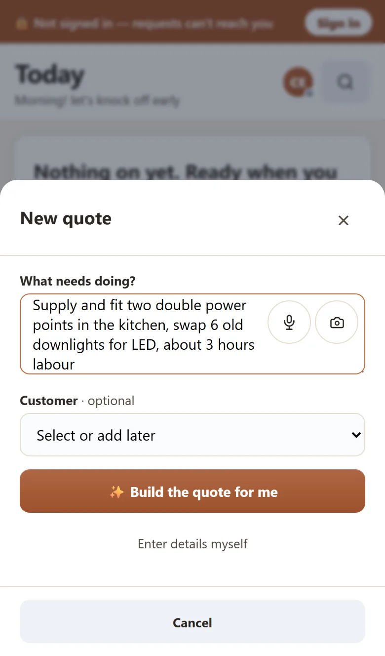 Yamate New quote screen with a job described in plain words and a Build the quote for me button
