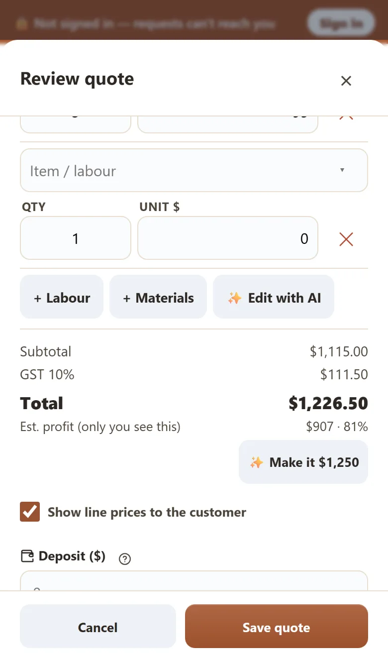 First AI draft totalling $1,226.50 including GST with an estimated profit of $907
