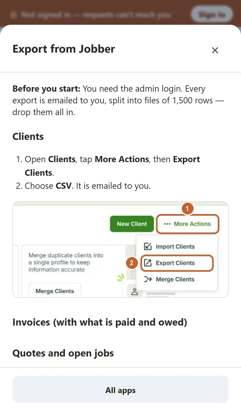 Yamate in-app guide to exporting clients from Jobber via More Actions and Export Clients