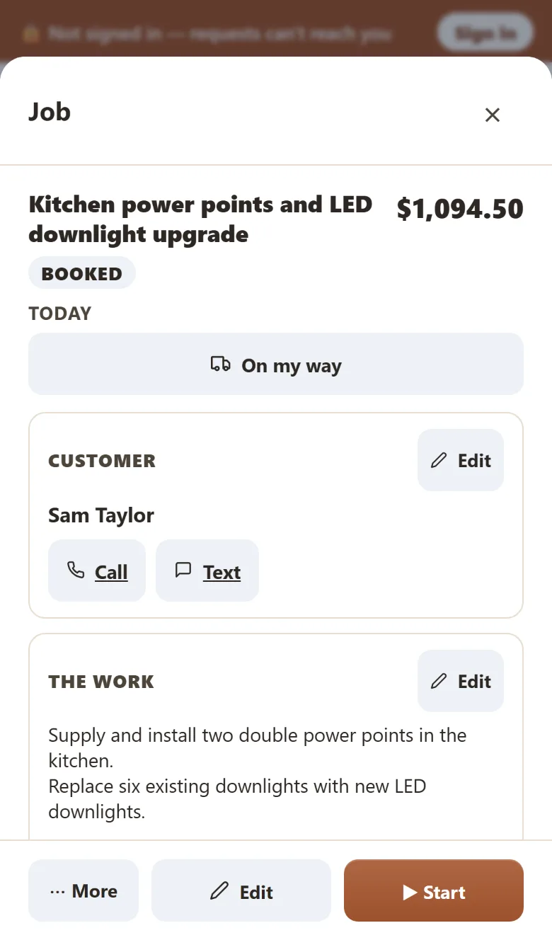Yamate job card for a kitchen power points job marked Booked, with On my way, Call and Text buttons