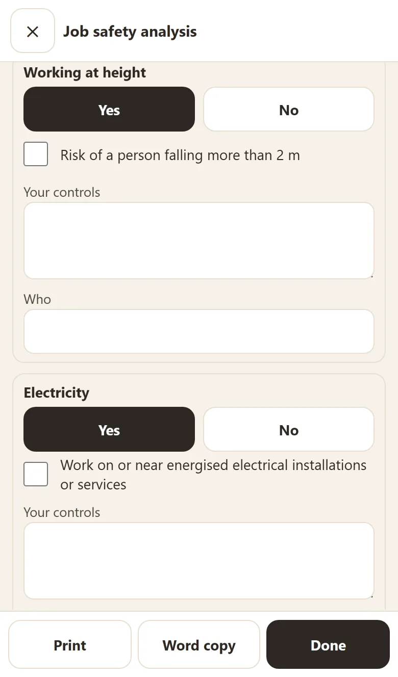 Job safety analysis with working at height and electricity marked yes, showing high-risk construction work checkboxes