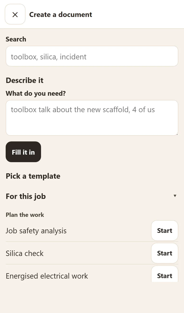 Yamate Create a document screen with a describe-it box and templates including job safety analysis and energised electrical work